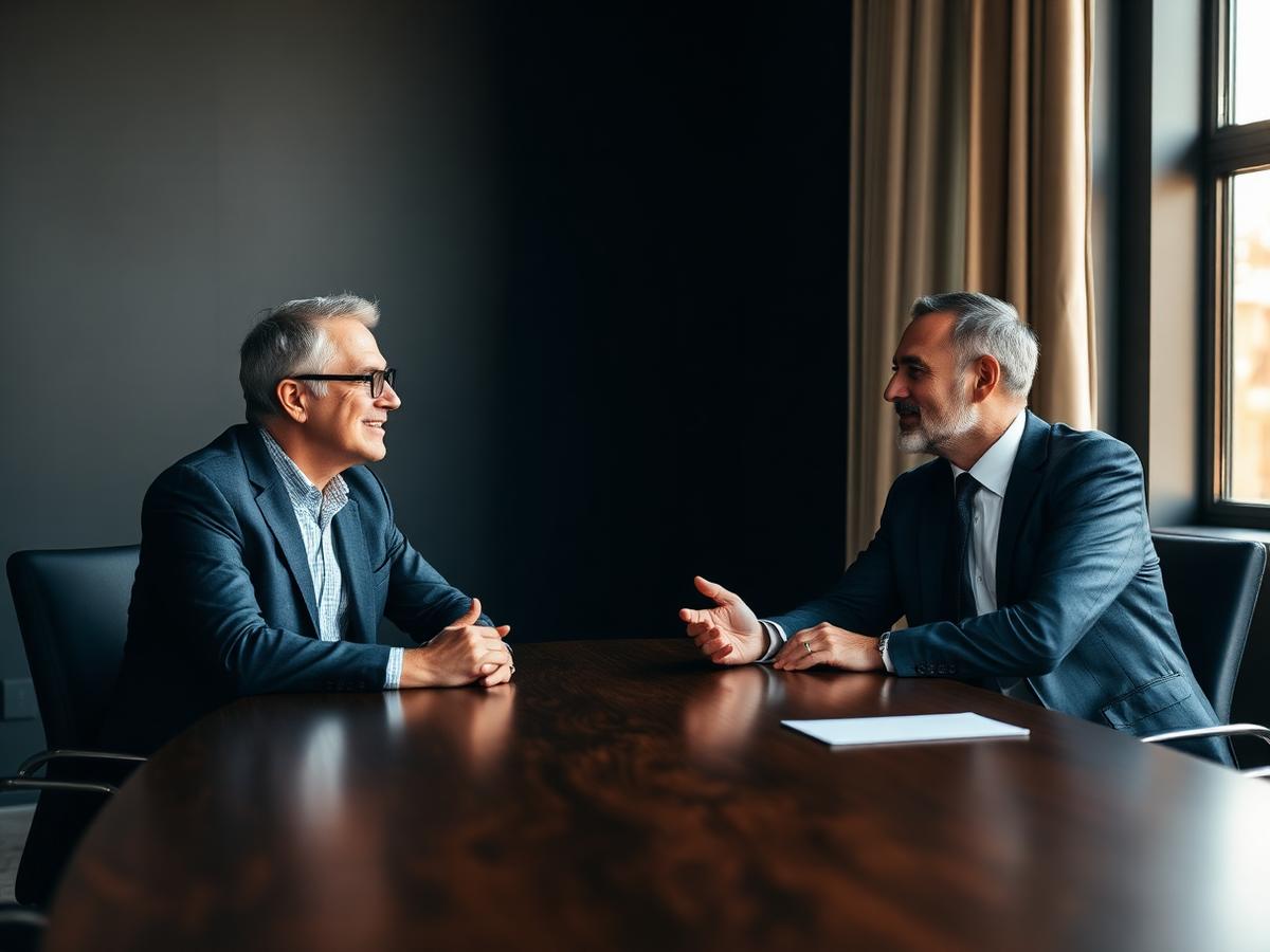 Two senior leaders in a confidential boardroom discussion