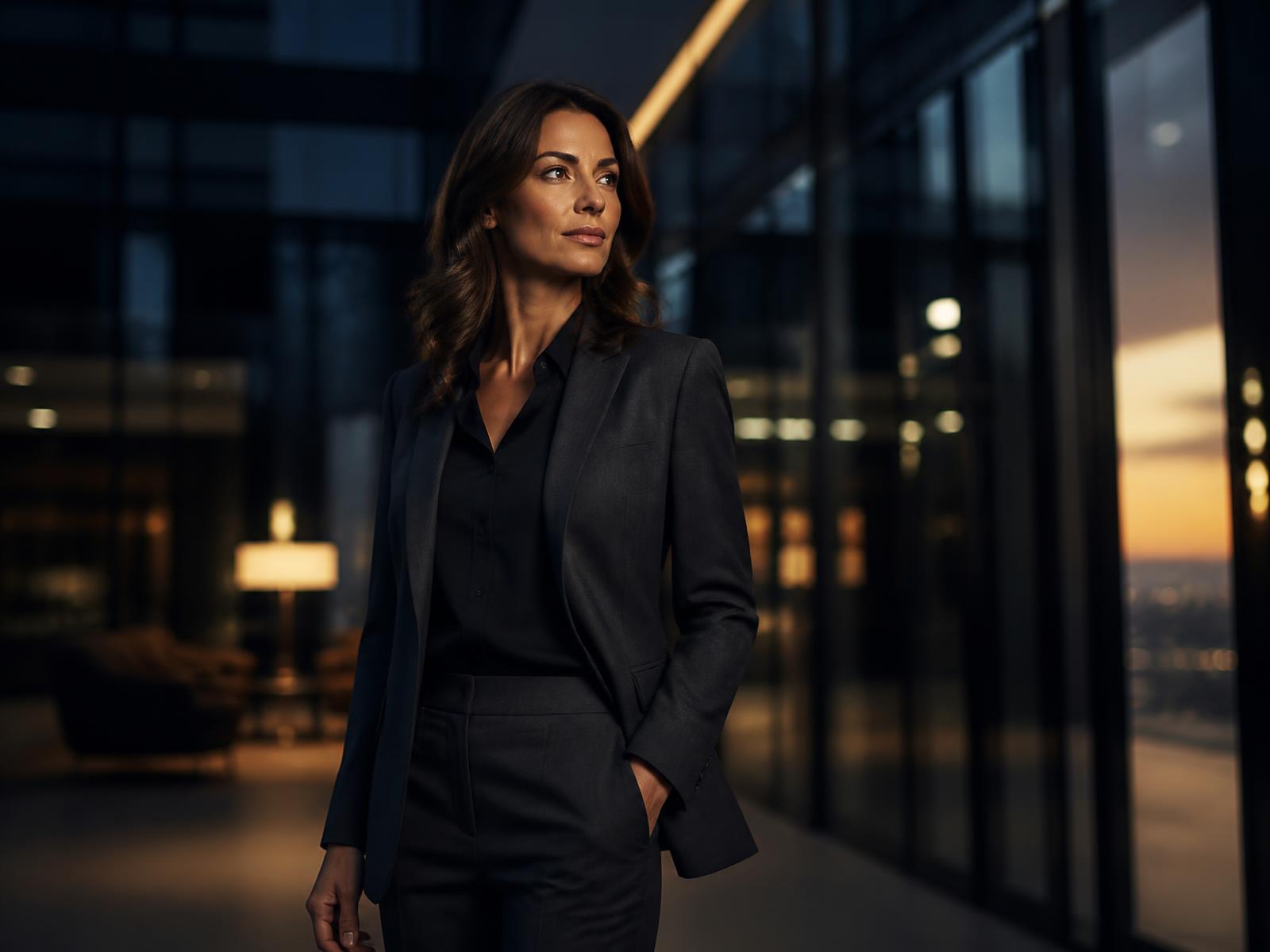 Senior executive standing in a modern corporate atrium at dusk